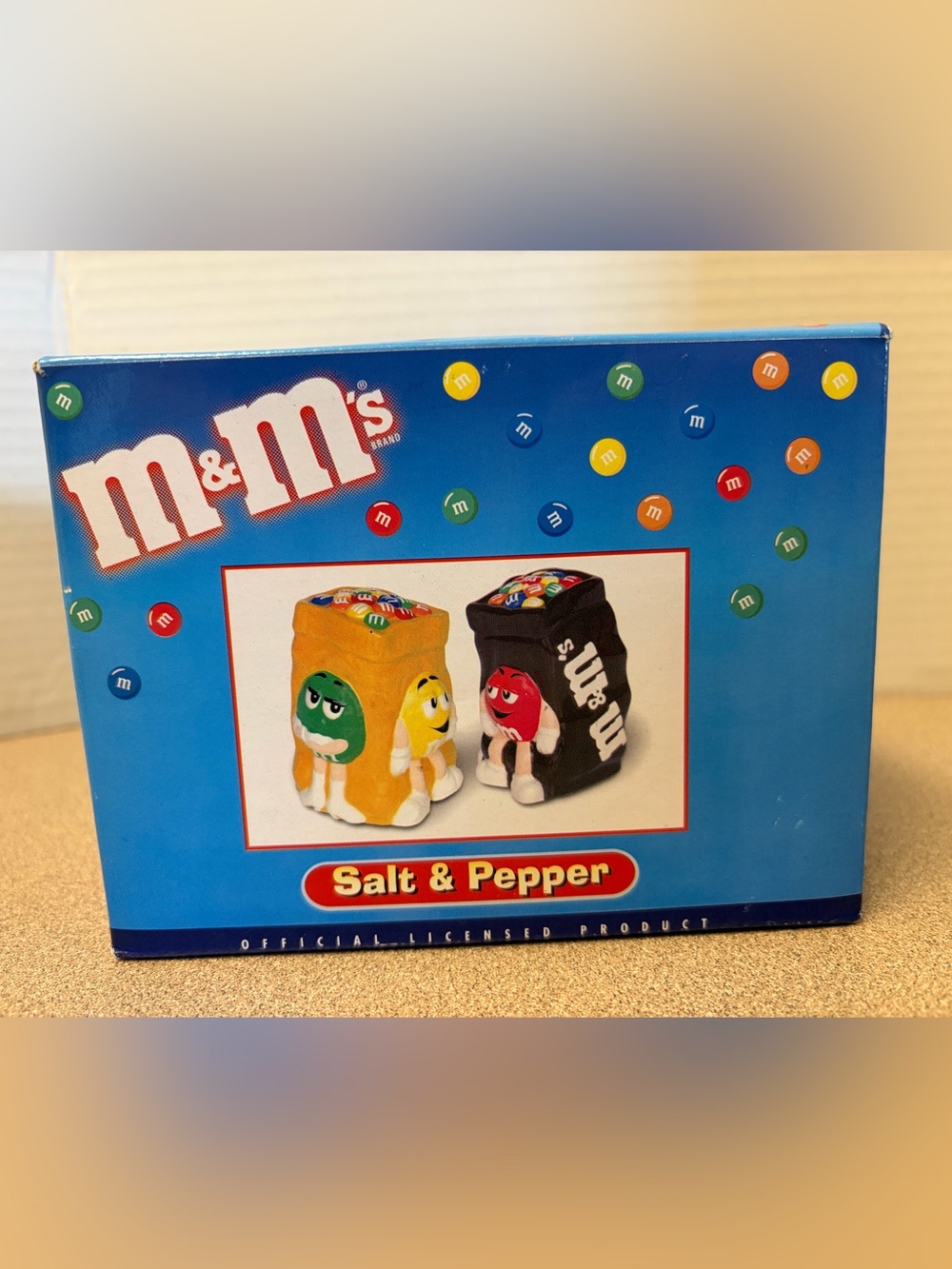 vintage early-2000s M&M's Salt & Pepper Shaker set manufactured by Benjamin & Me